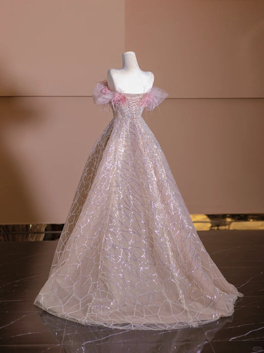 Elegant A-Line Pink Off-Shoulder Evening Gowns Feather Sequins Beading Prom Dress AP2324