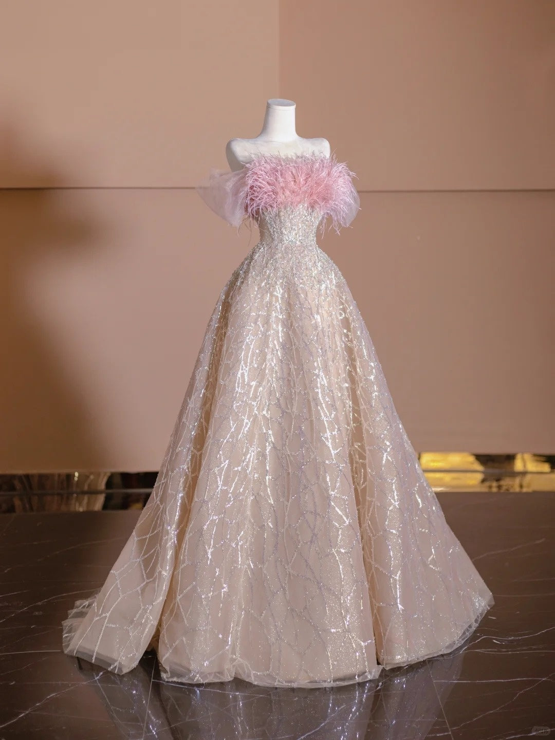 Elegant A-Line Pink Off-Shoulder Evening Gowns Feather Sequins Beading Prom Dress AP2324