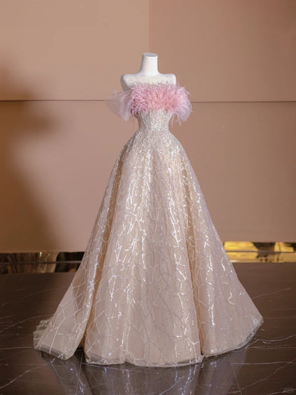 Elegant A-Line Pink Off-Shoulder Evening Gowns Feather Sequins Beading Prom Dress AP2324