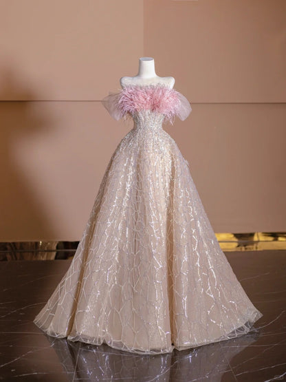 Elegant A-Line Pink Off-Shoulder Evening Gowns Feather Sequins Beading Prom Dress AP2324