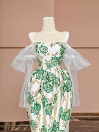 Chic Tulle Off-Shoulder Slit Formal Evening Gown Applique Crystal Prom Dress AP2326