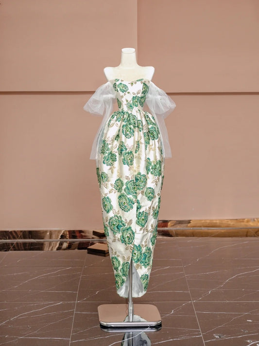 Chic Tulle Off-Shoulder Slit Formal Evening Gown Applique Crystal Prom Dress AP2326