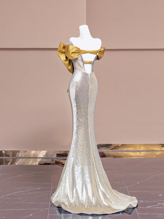 Vibrant Mermaid Strapless Evening Gowns Sequins Big Bow Prom Dress AP2327