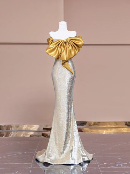 Vibrant Mermaid Strapless Evening Gowns Sequins Big Bow Prom Dress AP2327