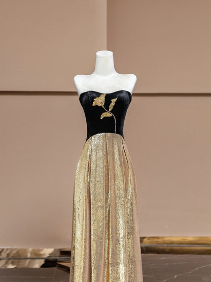 Vintage Sheath Strapless Long Evening Gowns Sequins Beading Floral Prom Dress AP2328