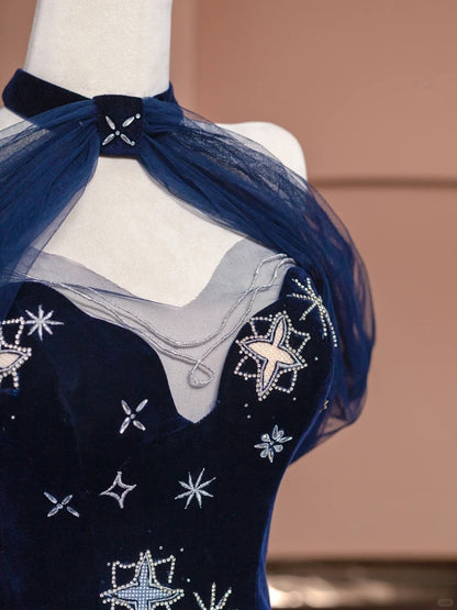 Fabulous A-Line Mesh Off-Shoulder Evening Gowns Beading Sequins Velvet Long Prom Dress AP2329