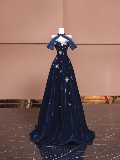 Fabulous A-Line Mesh Off-Shoulder Evening Gowns Beading Sequins Velvet Long Prom Dress AP2329