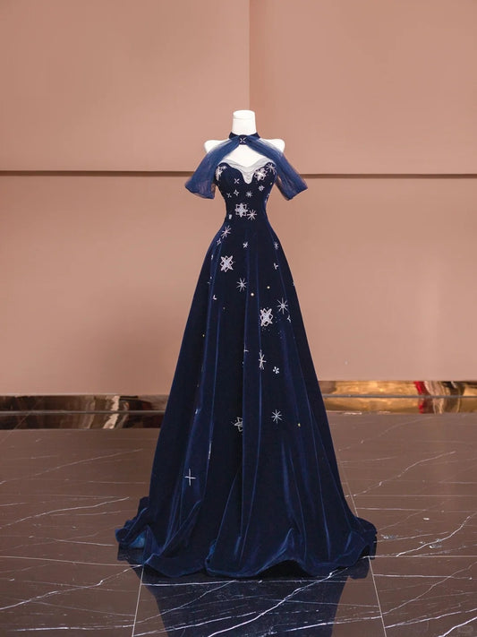 Fabulous A-Line Mesh Off-Shoulder Evening Gowns Beading Sequins Velvet Long Prom Dress AP2329