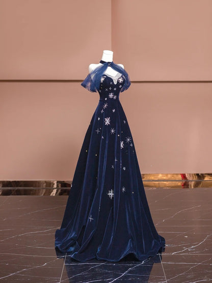 Fabulous A-Line Mesh Off-Shoulder Evening Gowns Beading Sequins Velvet Long Prom Dress AP2329