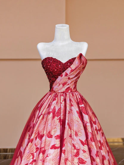 Charming A-Line Strapless Evening Gowns Sequins Floral Tulle Ruched Long Prom Dress AP2330