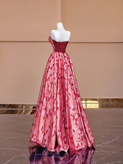 Charming A-Line Strapless Evening Gowns Sequins Floral Tulle Ruched Long Prom Dress AP2330