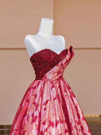 Charming A-Line Strapless Evening Gowns Sequins Floral Tulle Ruched Long Prom Dress AP2330