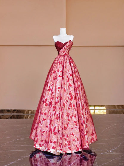 Charming A-Line Strapless Evening Gowns Sequins Floral Tulle Ruched Long Prom Dress AP2330