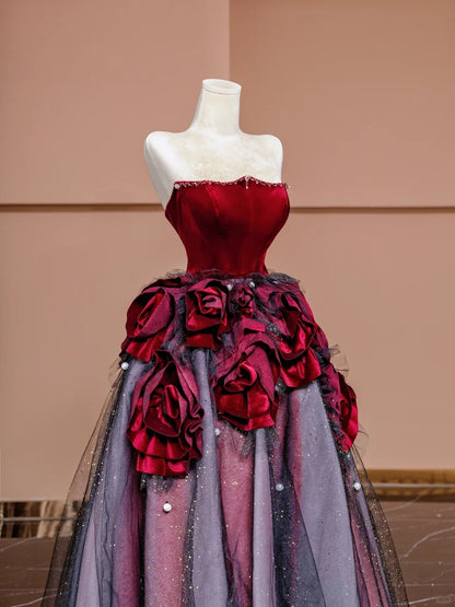 Alluring A-Line Strapless Red Evening Gowns Pearl Sequins Handmade Flowers Long Prom Dress AP2331