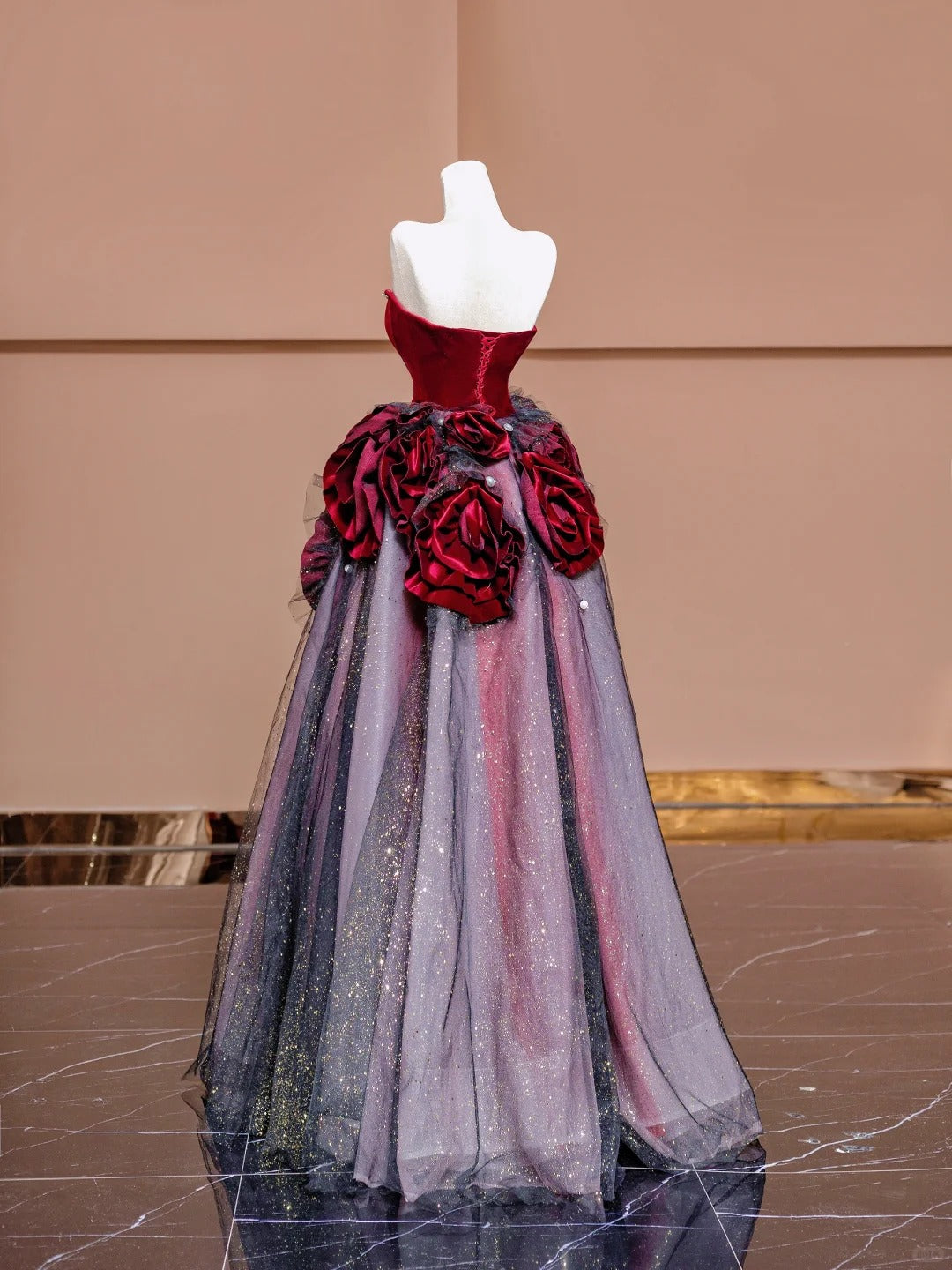 Alluring A-Line Strapless Red Evening Gowns Pearl Sequins Handmade Flowers Long Prom Dress AP2331