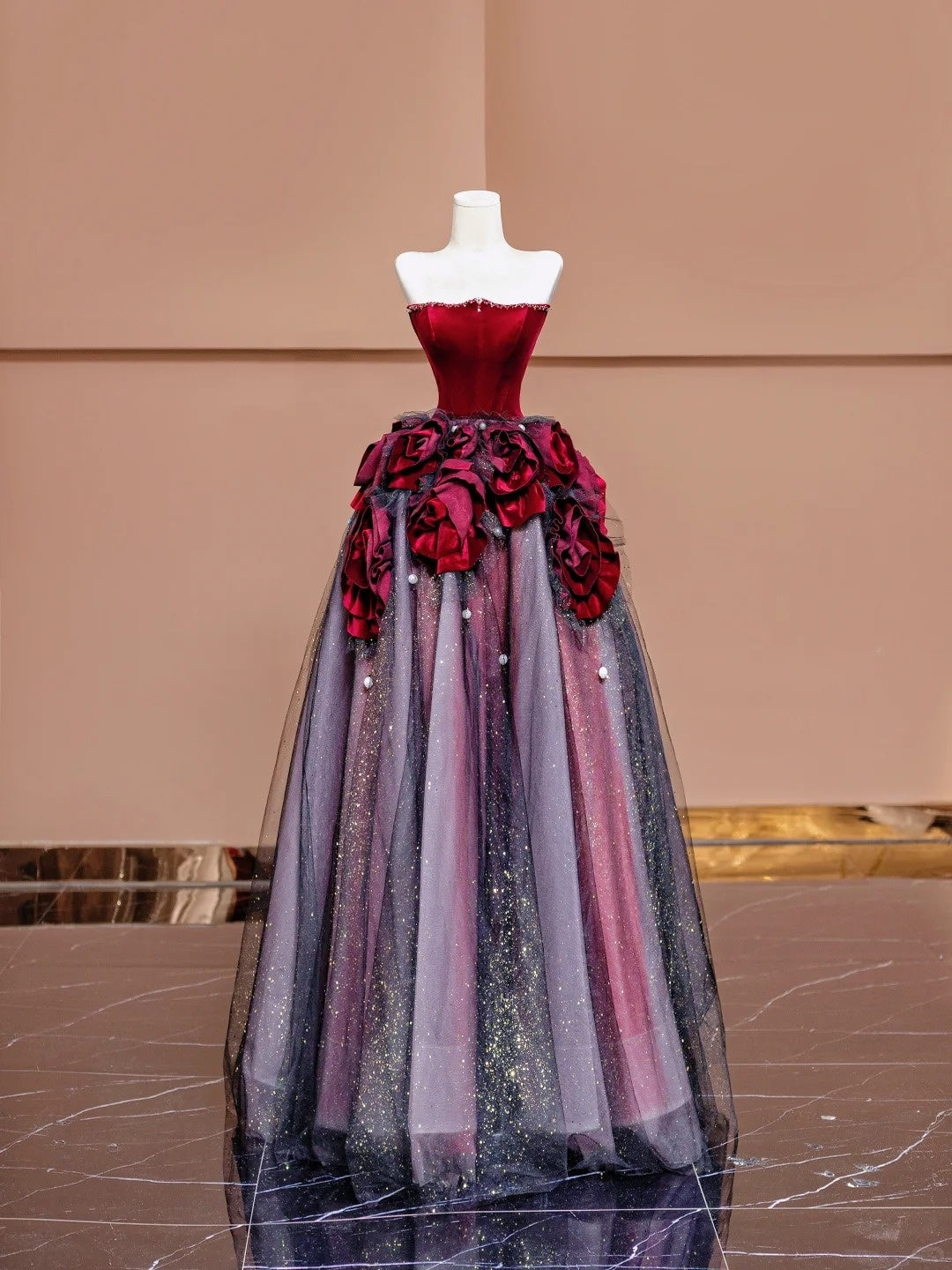 Alluring A-Line Strapless Red Evening Gowns Pearl Sequins Handmade Flowers Long Prom Dress AP2331