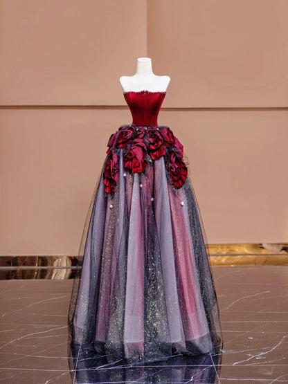 Alluring A-Line Strapless Red Evening Gowns Pearl Sequins Handmade Flowers Long Prom Dress AP2331