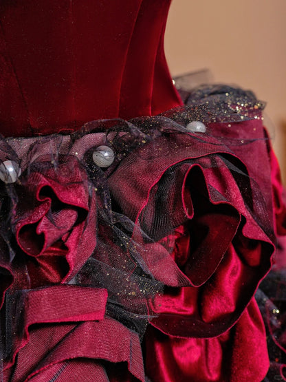 Alluring A-Line Strapless Red Evening Gowns Pearl Sequins Handmade Flowers Long Prom Dress AP2331