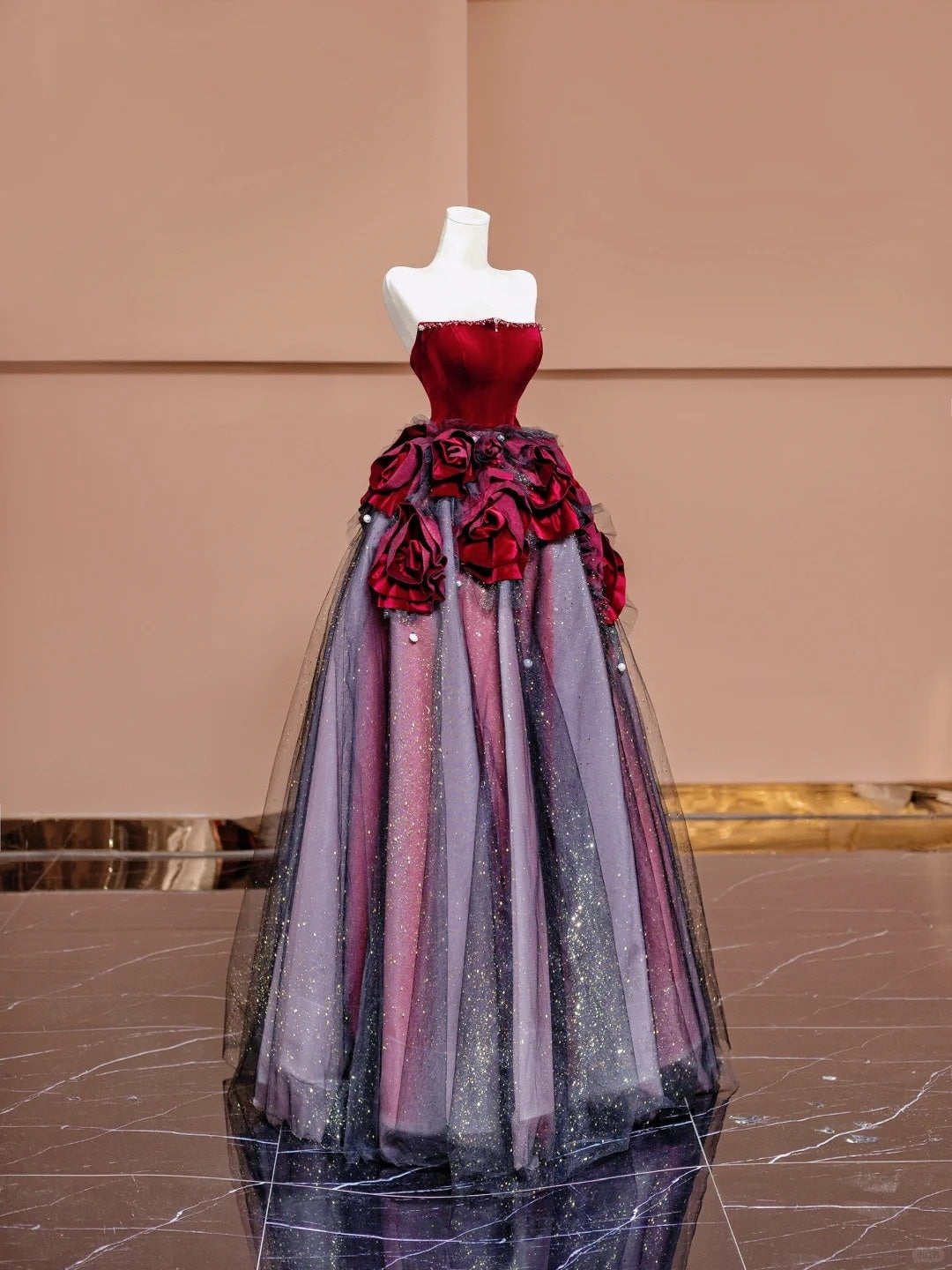 Alluring A-Line Strapless Red Evening Gowns Pearl Sequins Handmade Flowers Long Prom Dress AP2331