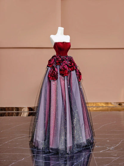 Alluring A-Line Strapless Red Evening Gowns Pearl Sequins Handmade Flowers Long Prom Dress AP2331