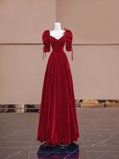 Dreamy A-Line Short Sleeve Formal Dresses Sweetheart Neck Red Velvet Beading Prom Dress AP2332