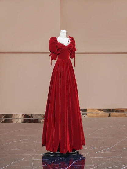 Dreamy A-Line Short Sleeve Formal Dresses Sweetheart Neck Red Velvet Beading Prom Dress AP2332