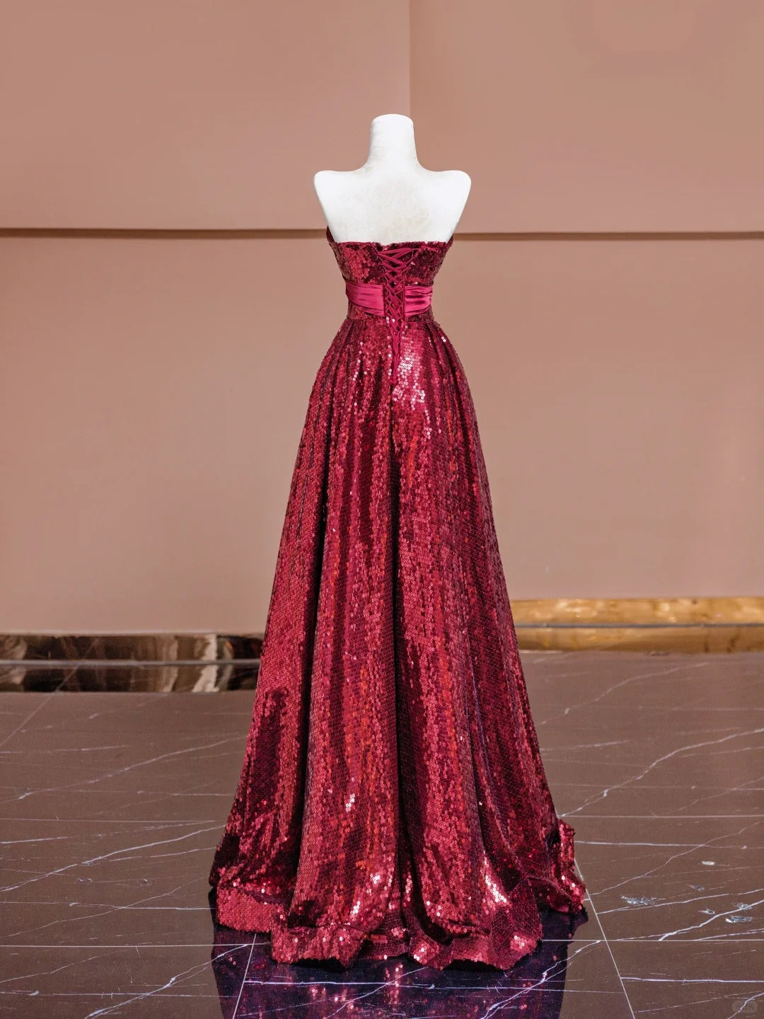 Simple A-Line Strapless Red Evening Gowns Sequins Long Prom Dress AP2333