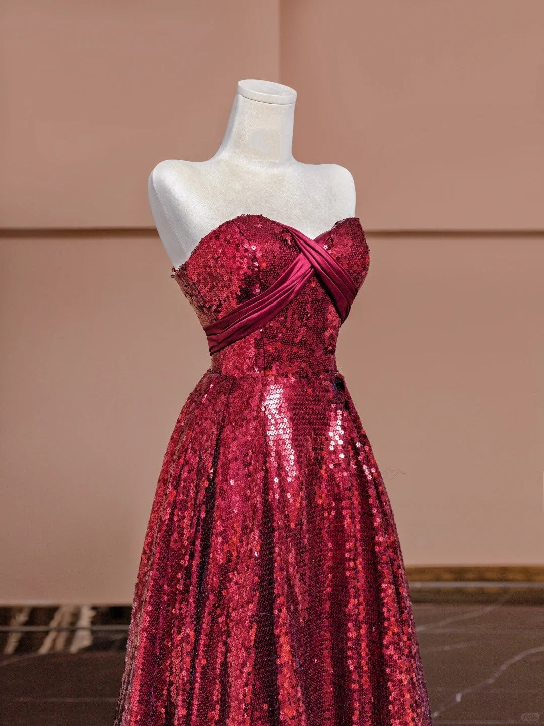 Simple A-Line Strapless Red Evening Gowns Sequins Long Prom Dress AP2333