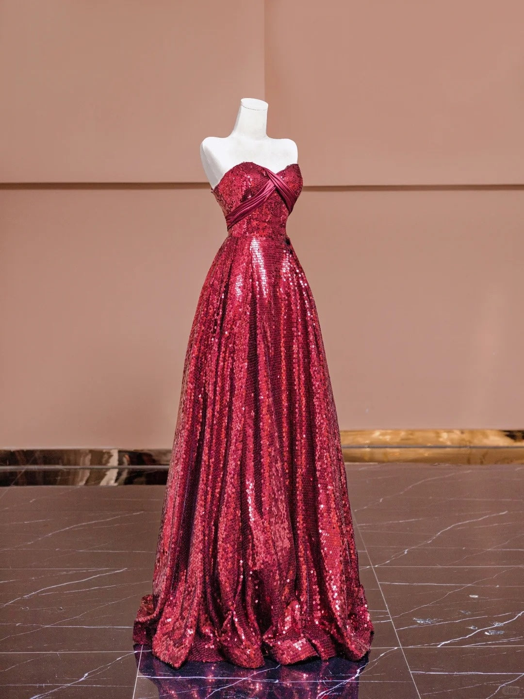 Simple A-Line Strapless Red Evening Gowns Sequins Long Prom Dress AP2333