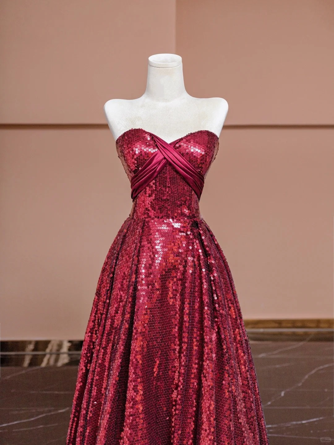 Simple A-Line Strapless Red Evening Gowns Sequins Long Prom Dress AP2333