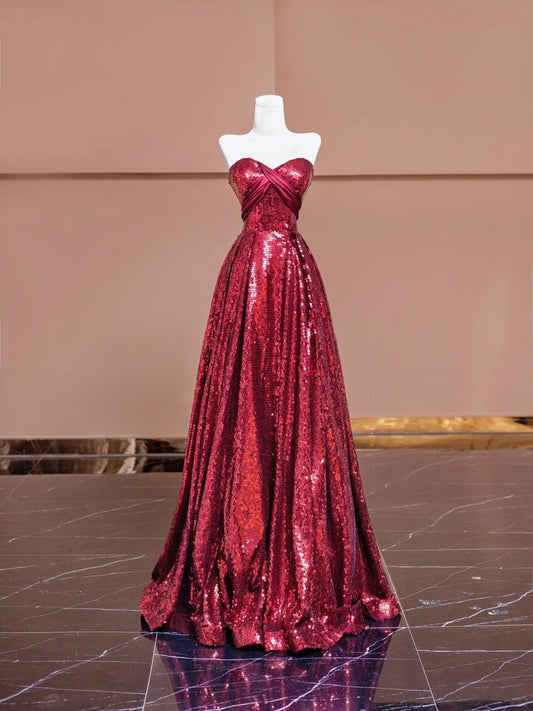 Simple A-Line Strapless Red Evening Gowns Sequins Long Prom Dress AP2333