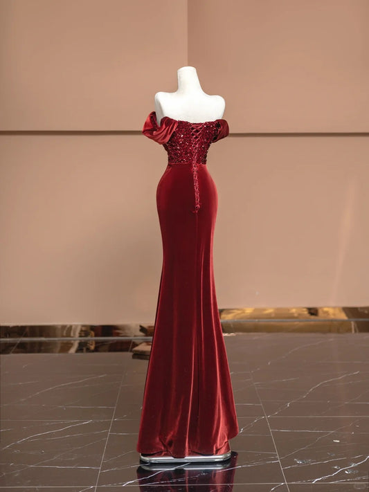 Red Off-Shoulder Formal Dress Elegant Velvet Mermaid Sequins Prom Dress AP2334