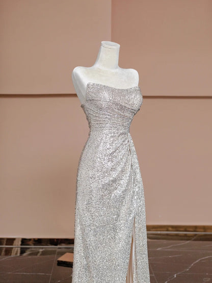 Exquisite Strapless Evening Gowns Mermaid Slit Sequins Prom Dress AP2335