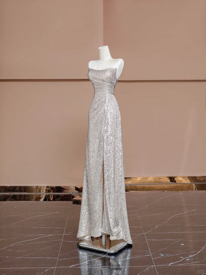 Exquisite Strapless Evening Gowns Mermaid Slit Sequins Prom Dress AP2335