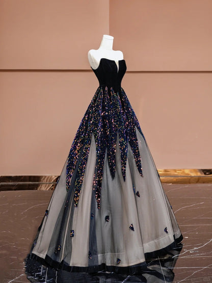 Luxury A-Line Strapless Velvet Evening Gowns Black Tulle Sequins Long Prom Dress AP2336