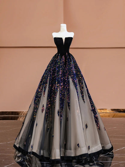 Luxury A-Line Strapless Velvet Evening Gowns Black Tulle Sequins Long Prom Dress AP2336