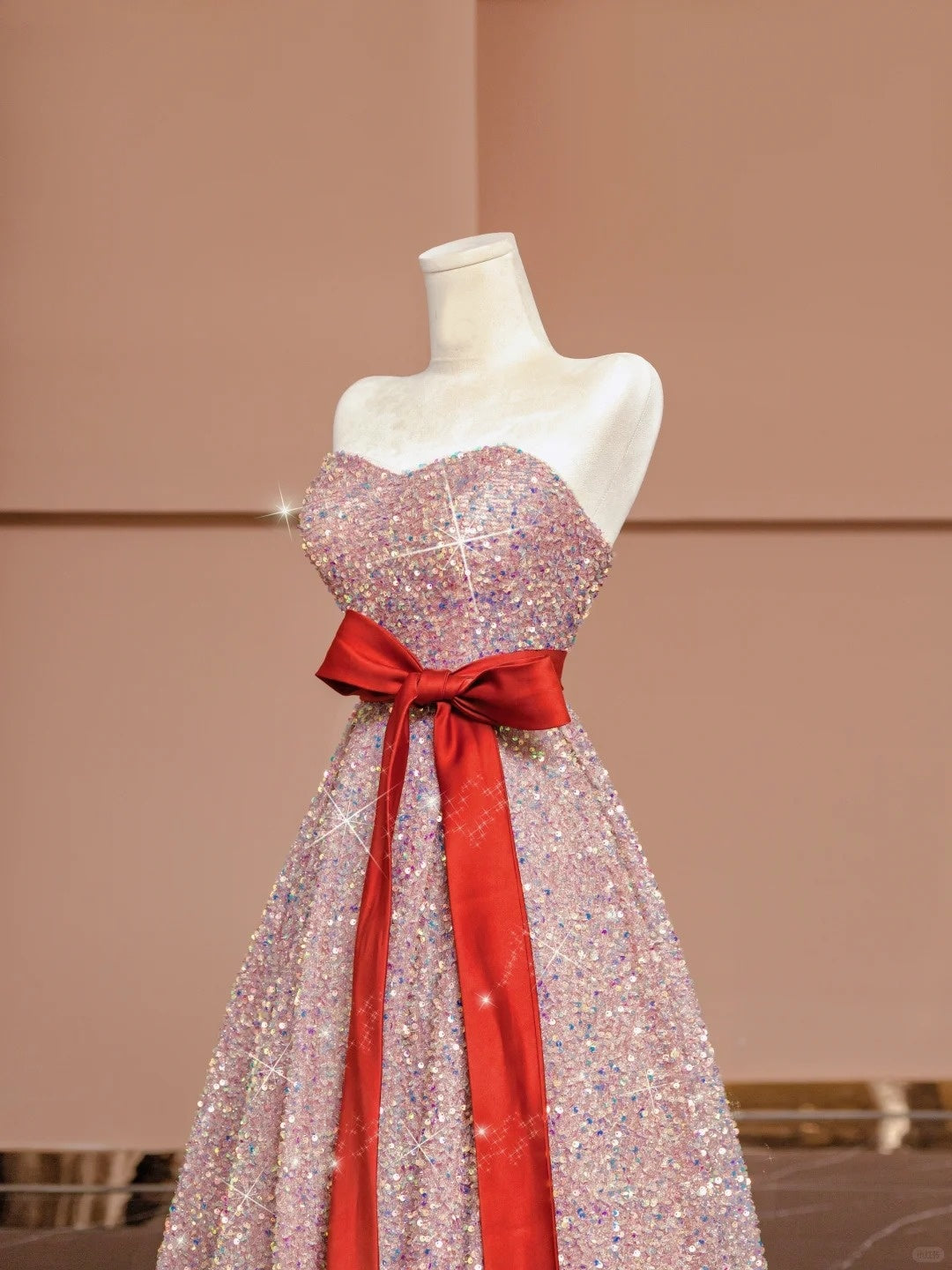 Cute A-Line Strapless Pink Evening Gowns Ribbon Sequins Long Prom Dress AP2338