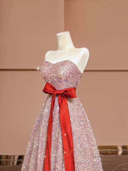 Cute A-Line Strapless Pink Evening Gowns Ribbon Sequins Long Prom Dress AP2338
