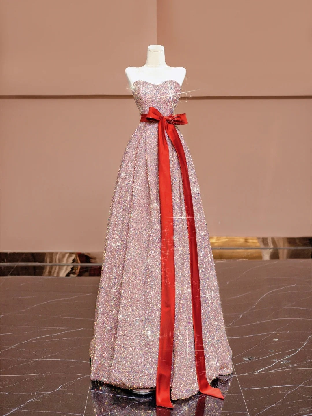 Cute A-Line Strapless Pink Evening Gowns Ribbon Sequins Long Prom Dress AP2338