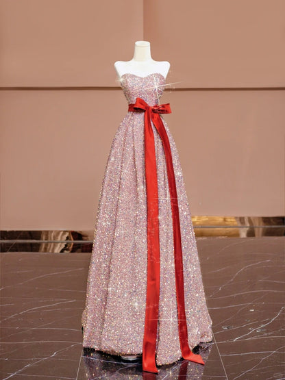Cute A-Line Strapless Pink Evening Gowns Ribbon Sequins Long Prom Dress AP2338