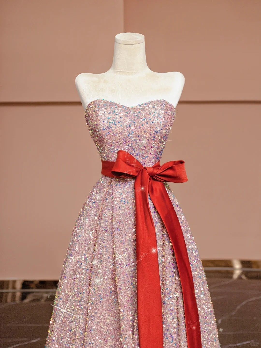 Cute A-Line Strapless Pink Evening Gowns Ribbon Sequins Long Prom Dress AP2338