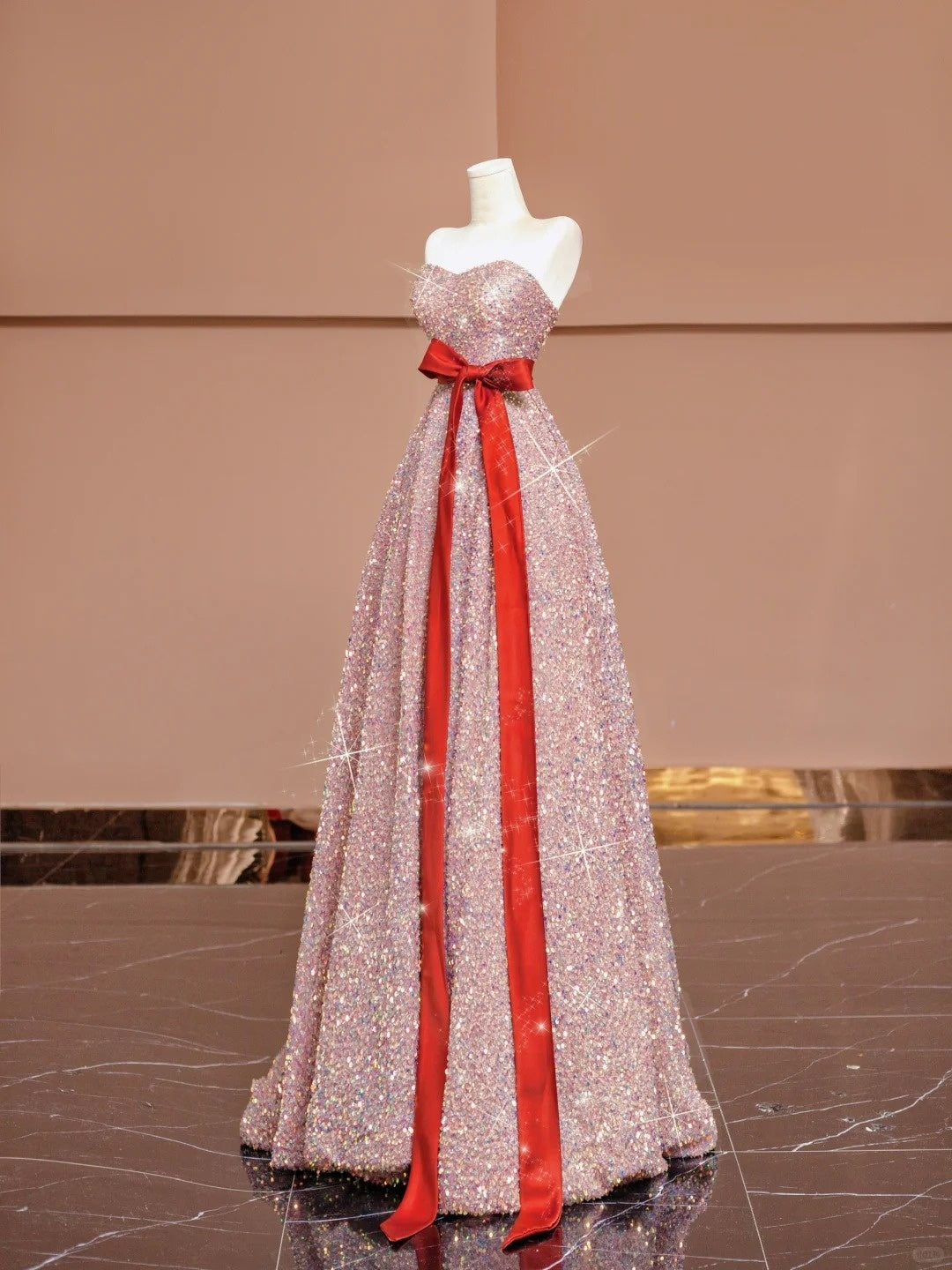 Cute A-Line Strapless Pink Evening Gowns Ribbon Sequins Long Prom Dress AP2338