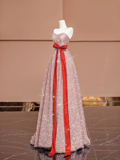 Cute A-Line Strapless Pink Evening Gowns Ribbon Sequins Long Prom Dress AP2338