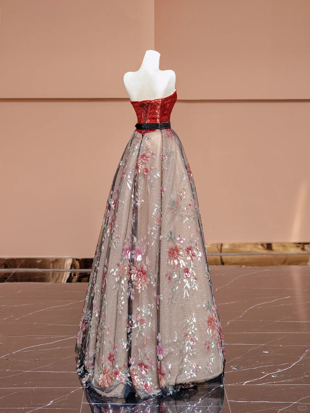 Retro A-Line Strapless Evening Dress Bow Applique Tulle Sequins Long Prom Dress AP2339