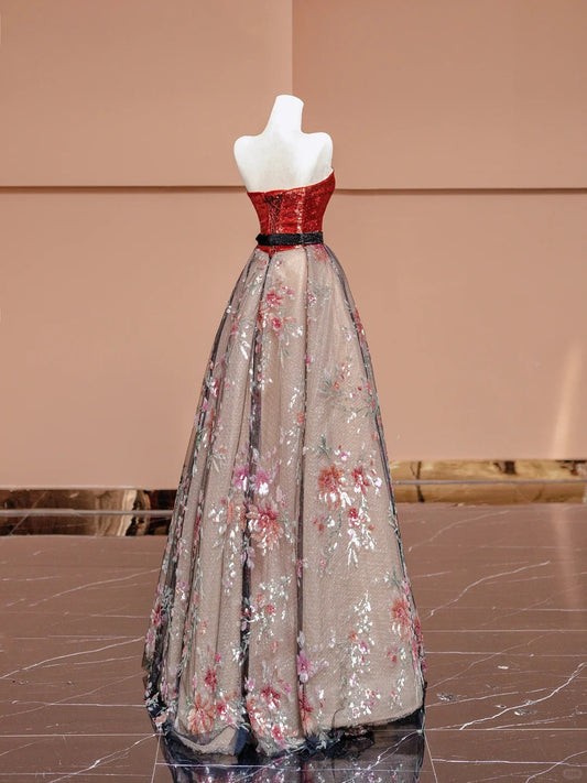 Retro A-Line Strapless Evening Dress Bow Applique Tulle Sequins Long Prom Dress AP2339