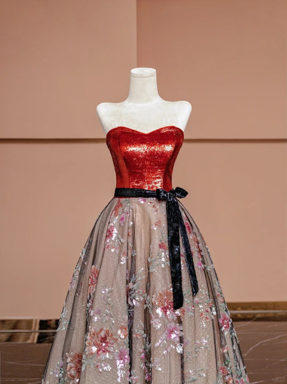 Retro A-Line Strapless Evening Dress Bow Applique Tulle Sequins Long Prom Dress AP2339