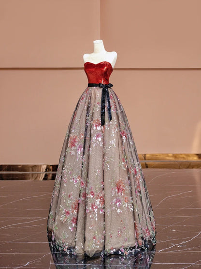 Retro A-Line Strapless Evening Dress Bow Applique Tulle Sequins Long Prom Dress AP2339