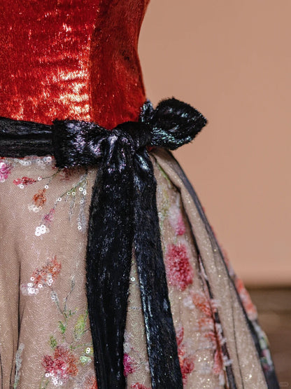 Retro A-Line Strapless Evening Dress Bow Applique Tulle Sequins Long Prom Dress AP2339