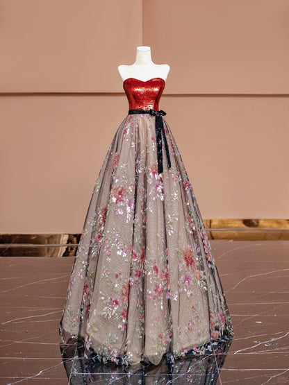 Retro A-Line Strapless Evening Dress Bow Applique Tulle Sequins Long Prom Dress AP2339