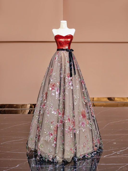 Retro A-Line Strapless Evening Dress Bow Applique Tulle Sequins Long Prom Dress AP2339